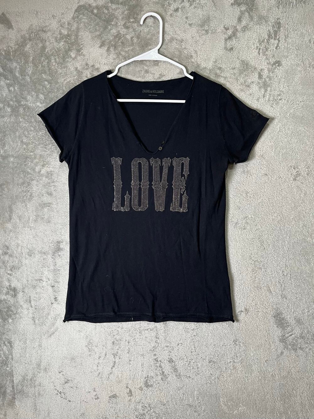 Zadig & Voltaire LOVE Rhinestone Graphic V Neck Tee Y2K Rocker Chic Grunge Small